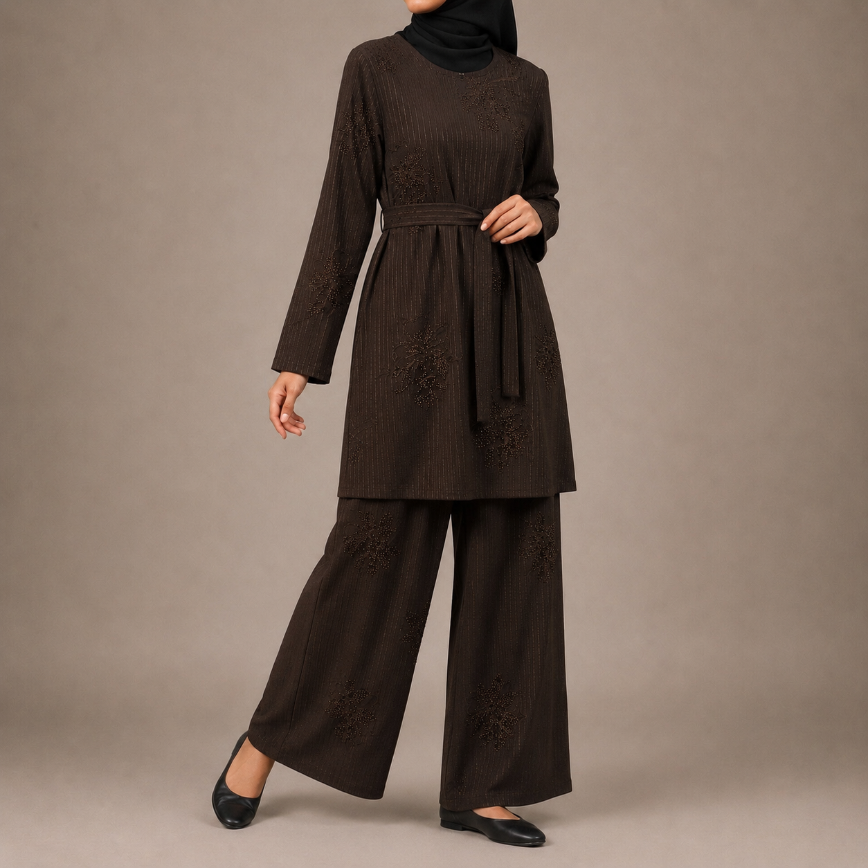 Brown Floral Co-Ord Set with Matching Belt and Pockets