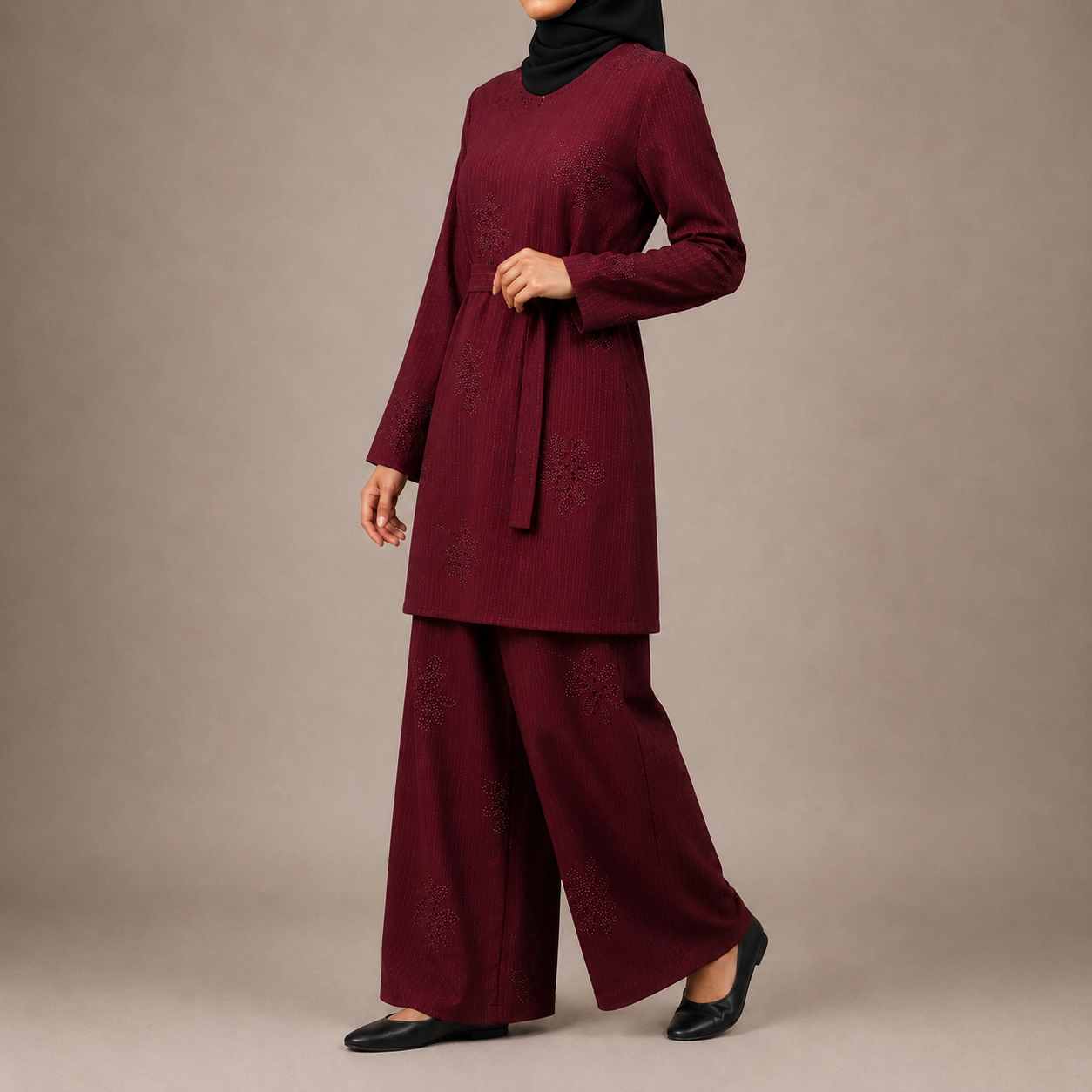 Burgundy Floral Co-Ord Set with Matching Belt and Pockets
