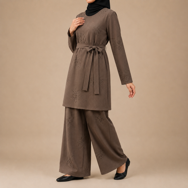 Light Brown Floral Co-Ord Set with Matching Belt and Pockets